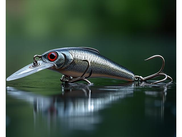 Close-up of a custom forged fishing lure with a subtle background of a Canadian lake, representing precise craftsmanship.
