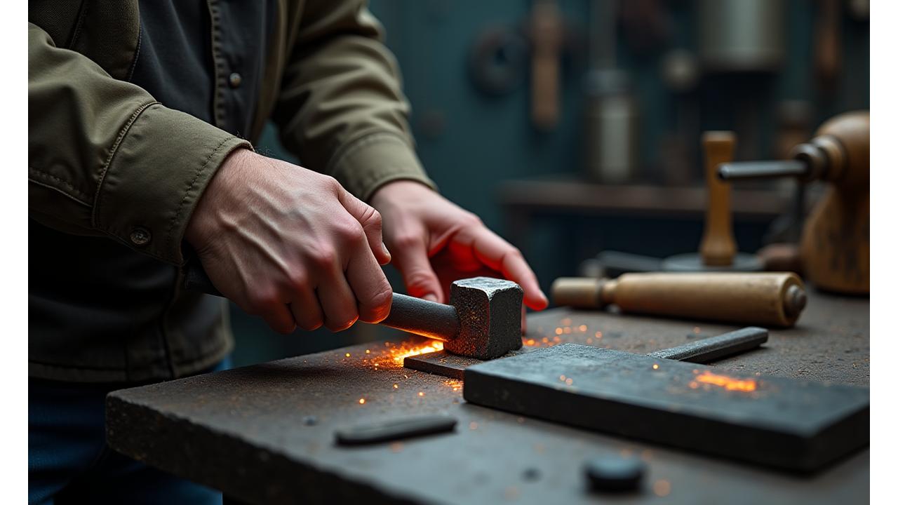 Artisan working on a metal fishing lure with forging tools, sparks flying, showcasing craftsmanship.