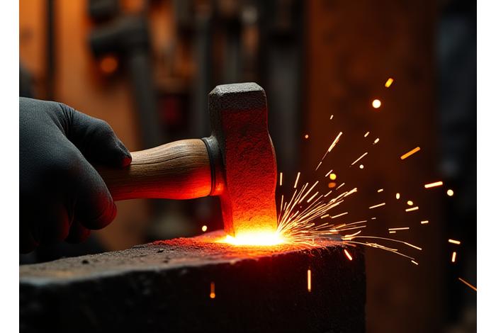 Skilled hands with tongs shaping heated metal with a hammer on an anvil, sparks flying, showcasing precision shaping.