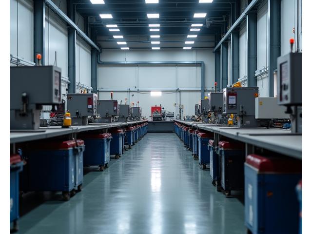 Modern metal forging machinery operating with minimal waste, illuminated by energy-efficient lighting