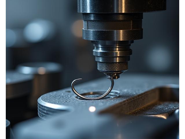 Close-up view of precision wire forming equipment shaping high-carbon steel into a fishing hook blank