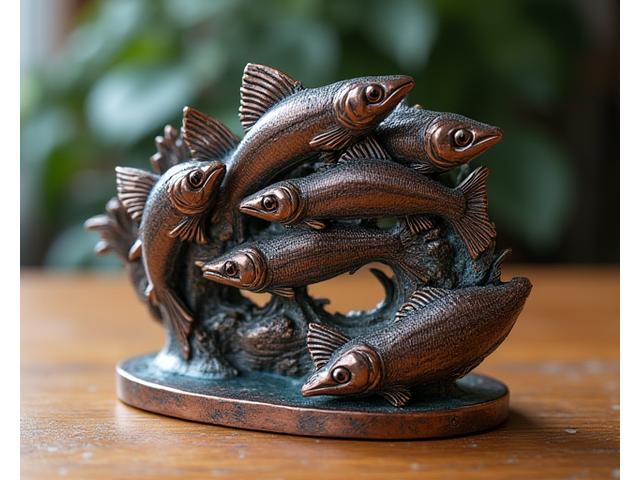 Intricate metal sculpture depicting a school of bass