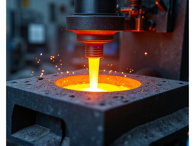 Close-up of precise metal casting machinery in action, molten metal pouring into a mold