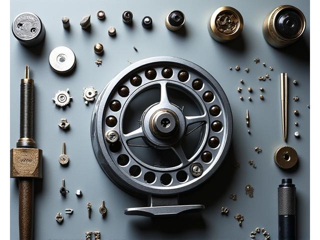 Fishing reel completely disassembled on a clean workbench with tools